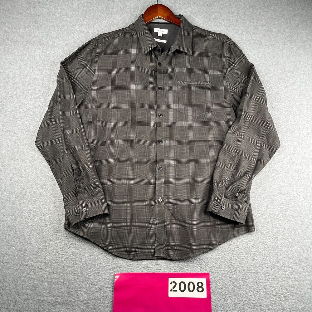 Calvin Klein Slim Fit Shirt Gray Plaid Casual Button Up Long Sleeve Mens Large